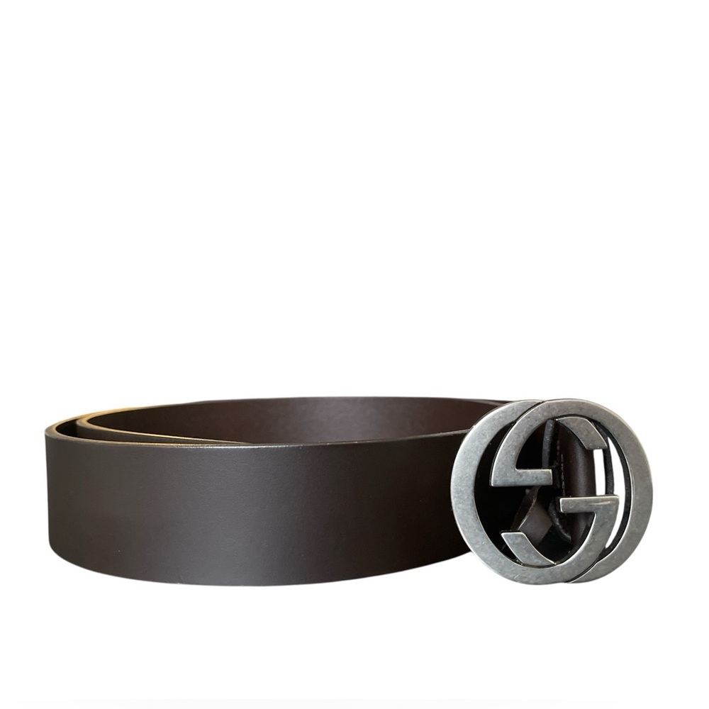 AUTHENTIC GUCCI Interlocking Buckle Dark Brown Leather Belt